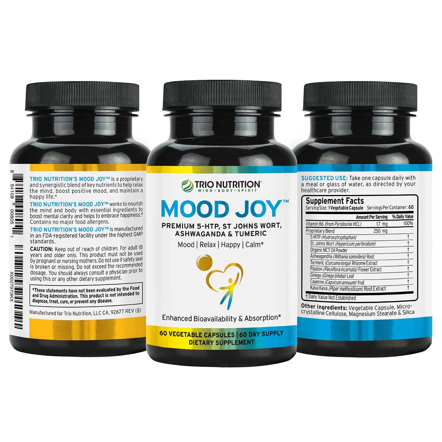 Trio Mood Joy | Premium 5-HTP, St Johns Wort, Ashwagandha & Turmeric | Ashwagandha Capsules to Promote Natural Calm & Relaxed Mood | Mood Support Supplement | 60 Day Supply*
