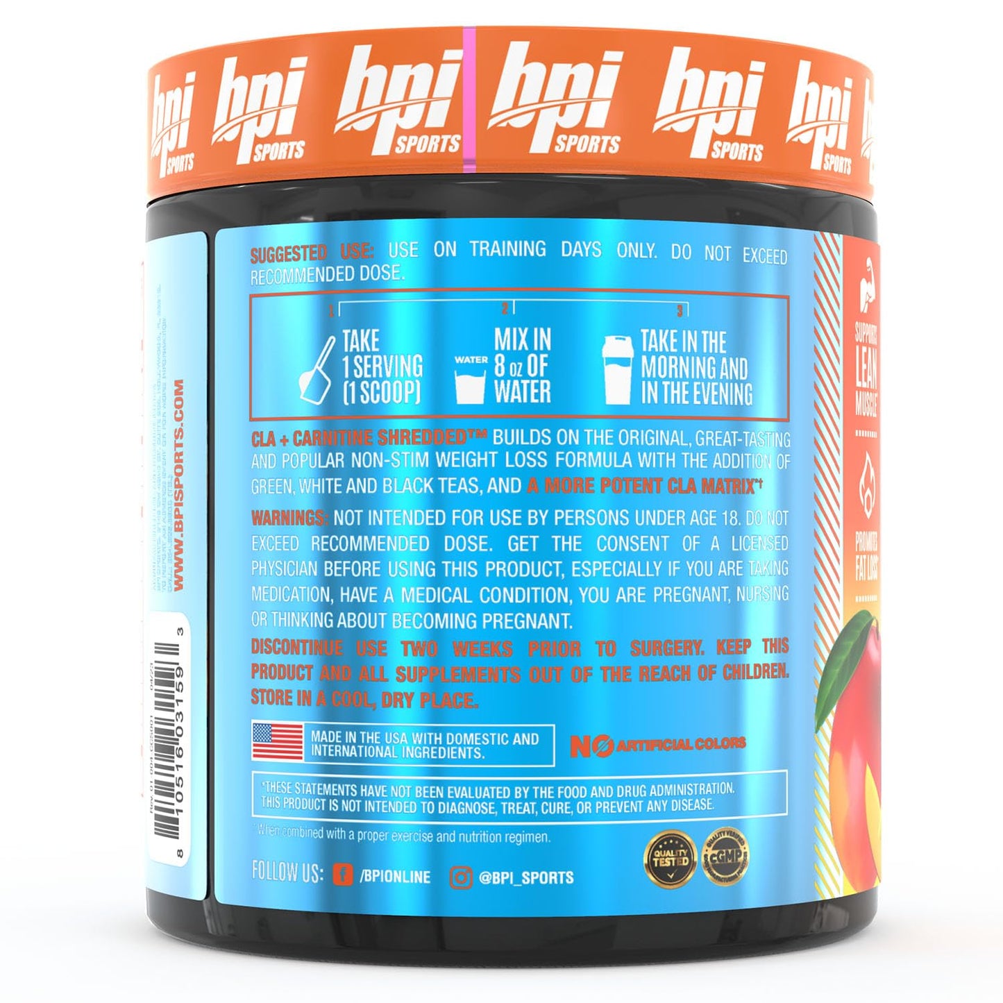 BPI Sports CLA + Carnitine Shredded Supports Lean Muscle & Promotes Fat Loss - Tropical Mango (14.1 oz. / 50 Servings)