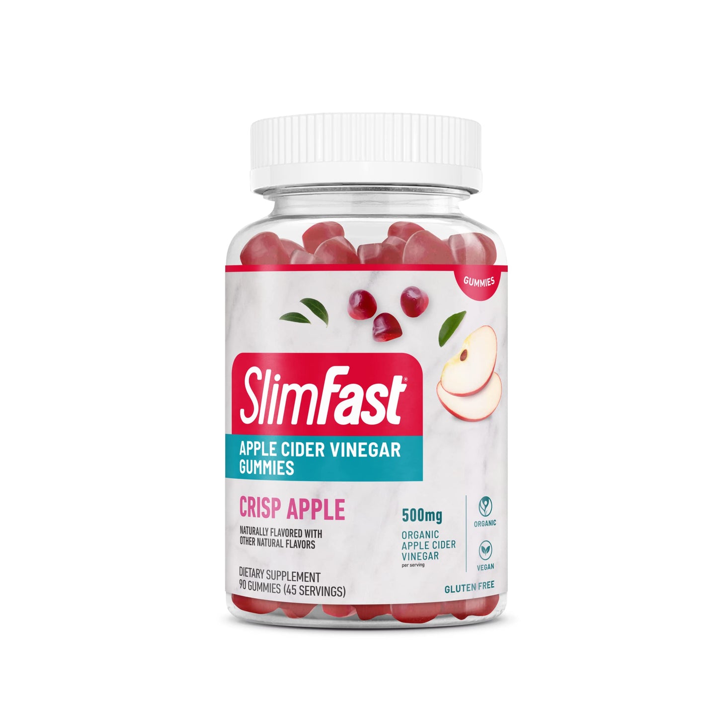 SlimFast Apple Cider Vinegar Gummies, Dietary Supplement with 500mg Organic Apple Cider Vinegar per Serving, Crisp Apple Flavor, 45 Servings (Packaging May Vary)