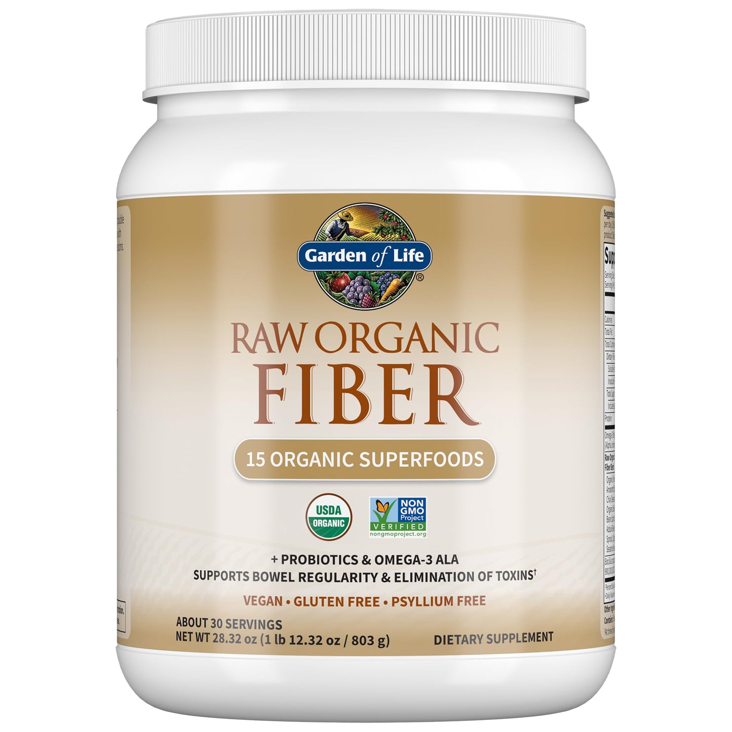 Garden of Life Raw Organic Fiber Powder, 30 Servings, 15 Organic Superfoods, Probiotics, Omega-3 ALA, Soluble and Insoluble Fiber for Regularity, Psyllium Husk Free