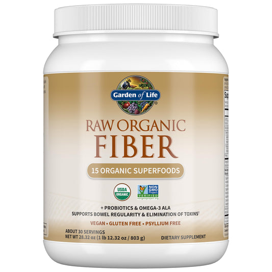 Garden of Life Raw Organic Fiber Powder, 30 Servings, 15 Organic Superfoods, Probiotics, Omega-3 ALA, Soluble and Insoluble Fiber for Regularity, Psyllium Husk Free