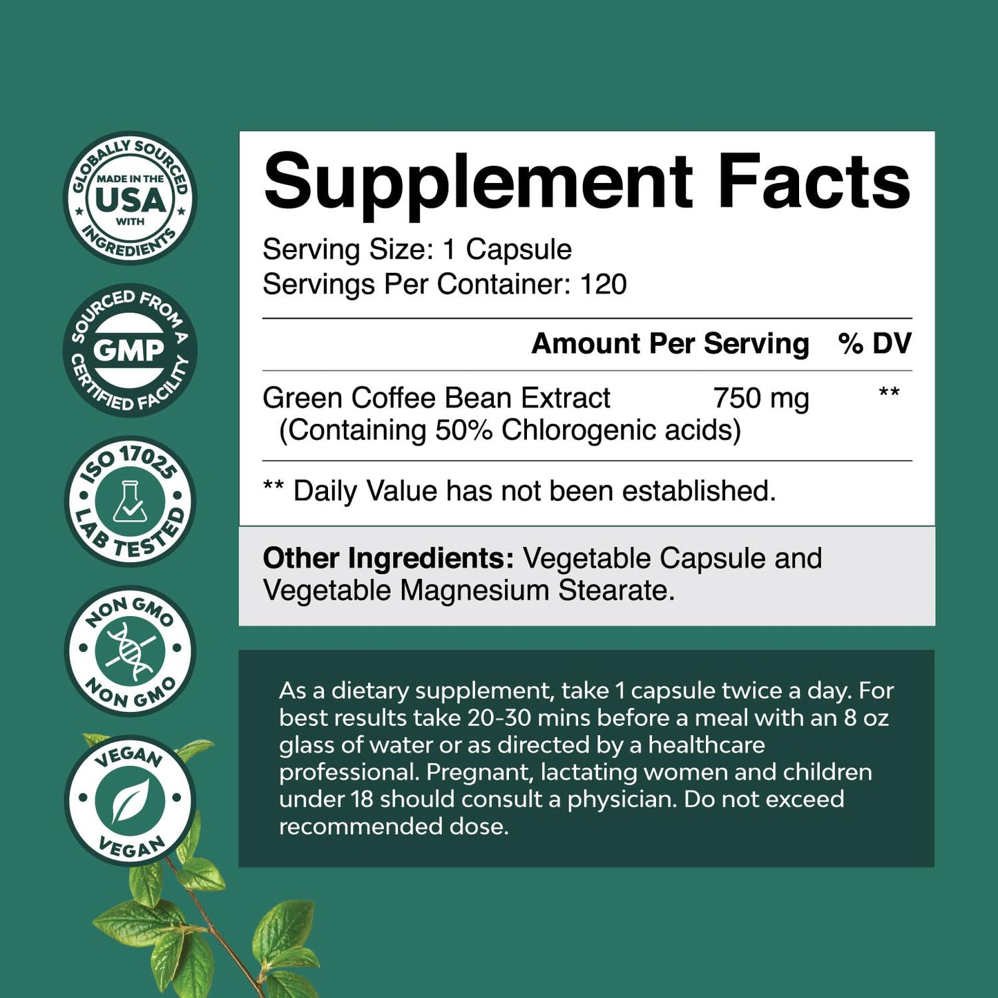 Green Coffee Bean Extract for Weight Loss - Weight Loss Pills for Women and Men - Appetite Suppressants for Weight Loss with Chlorogenic Acid - Herbal Fat Burner to Assist with Weight Loss 120 Count