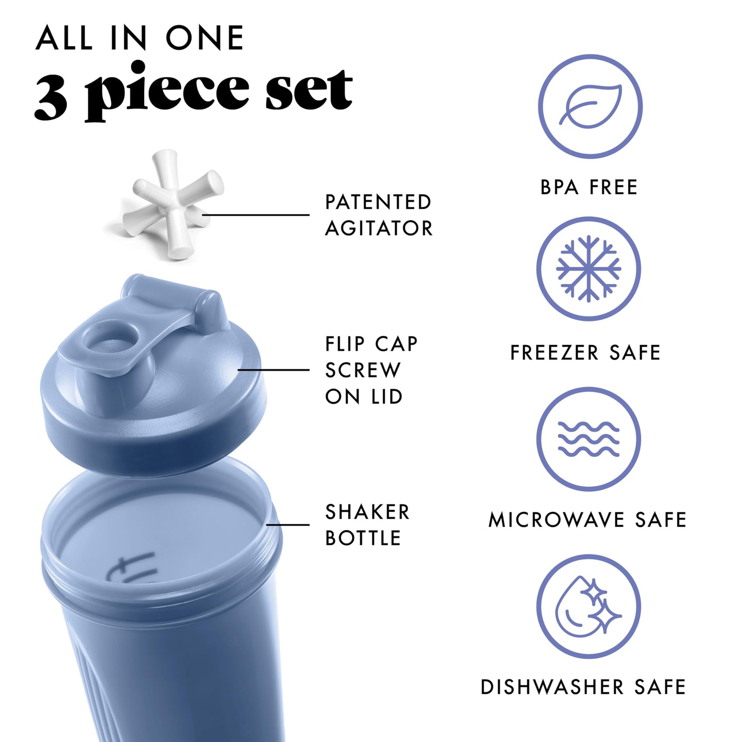 Fit & Fresh Shaker Bottle, Leak Proof Sports Blender Bottle Easy to Clean, Durable Protein Shaker Cup 24 oz.with Unique Agitator for Smooth Mixing, Cornflower Blue