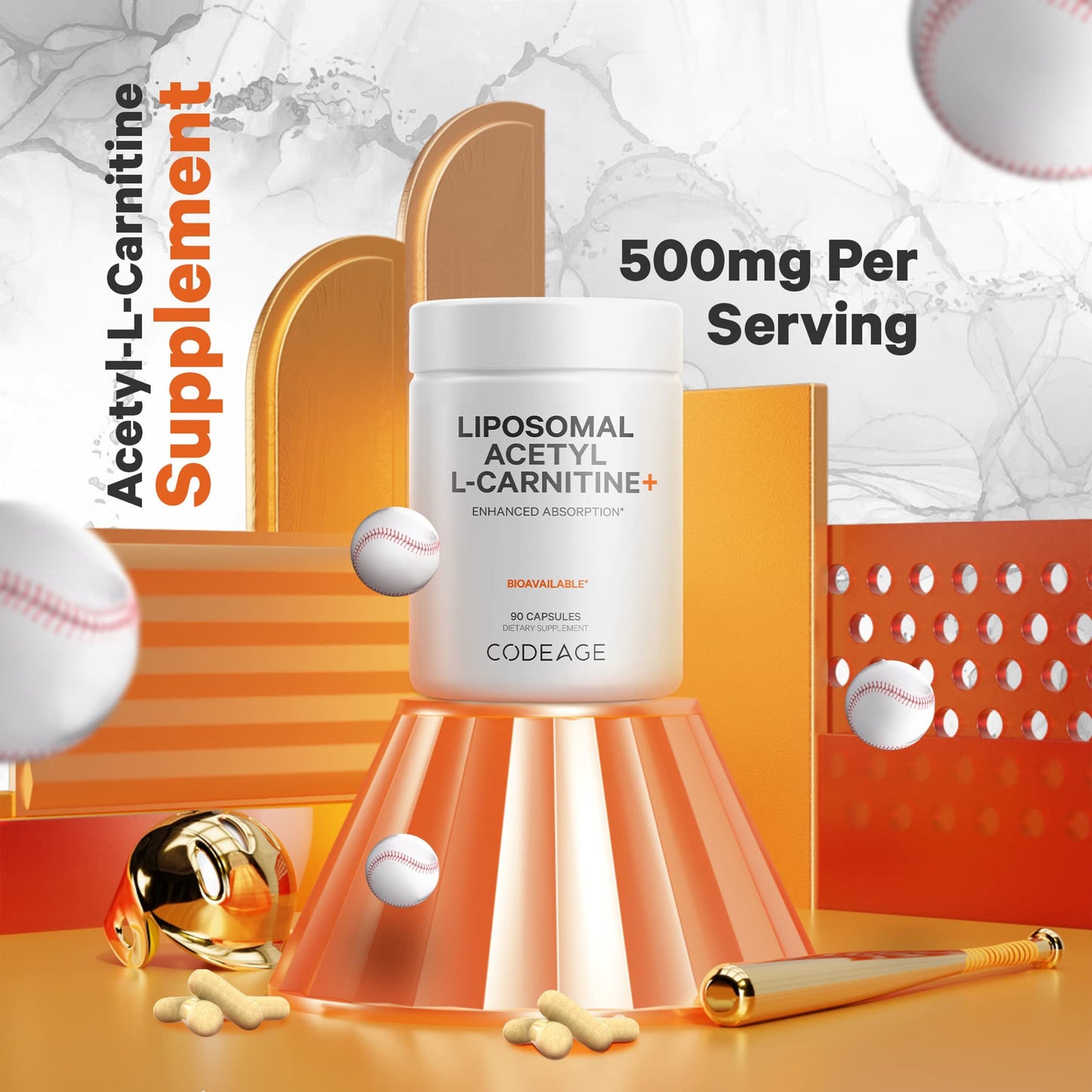 Codeage Liposomal Acetyl-L-Carnitine+ Supplement - 500 mg Acetyl-L-Carnitine per Serving - 3-Month Supply, Liposomal Delivery - Alcar Supplement - L-Carnitine - Non-GMO, Gluten-Free, 90 Capsules