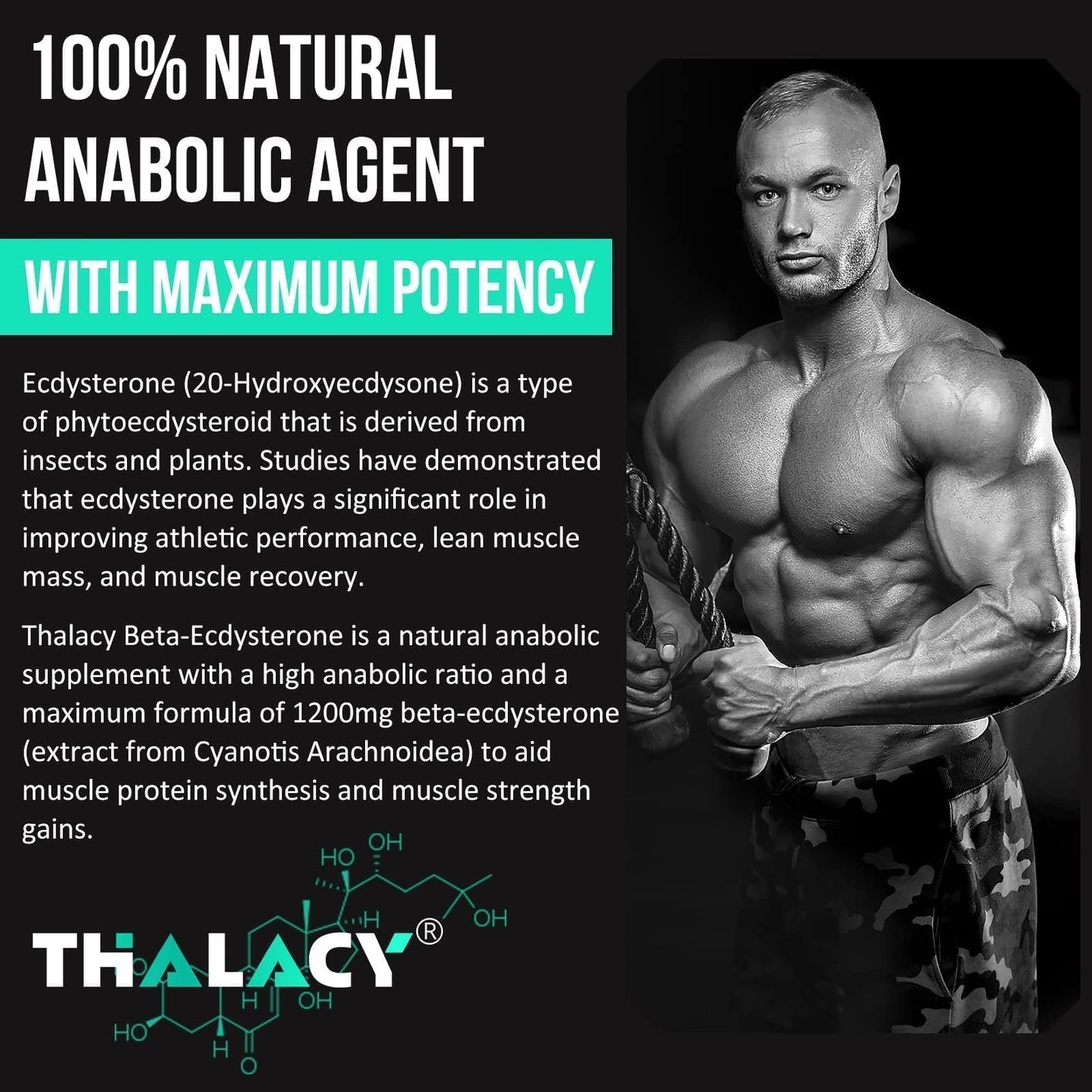 Thalacy 1200MG Beta Ecdysterone Supplement, 98% Maximum Purity Ecdysterone Supplements for Lean Muscle Mass, Athletic Performance & Strength, 120 Capsules