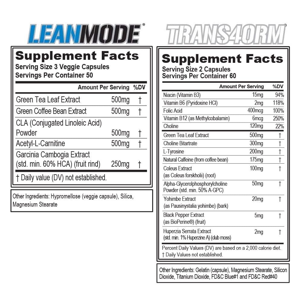 EVL Weight Loss Support Stack - Trans4orm Thermogenic Fat Burner & Metabolism Support Pills with Green Coffee Bean Extract and Forskolin Plus LeanMode Non-Stimulant