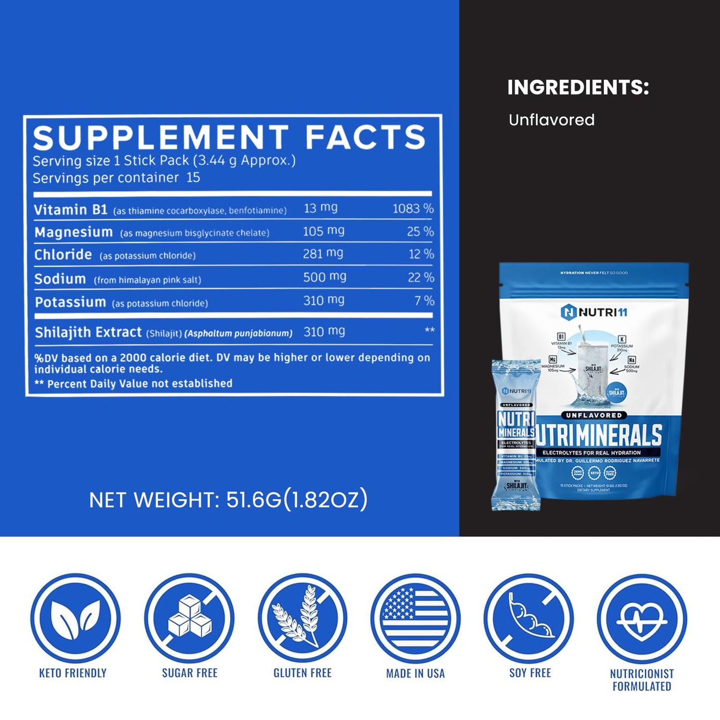 NUTRIMINERALS Hydration Electrolyte Powder | Advanced Vitamin B1, Shilajit & Pink Himalayan Salt | Zero Sugar | 15 Stick Packs | Clean Energy, Recovery & Detox Support (15 Sticks Pack, Unflavored)