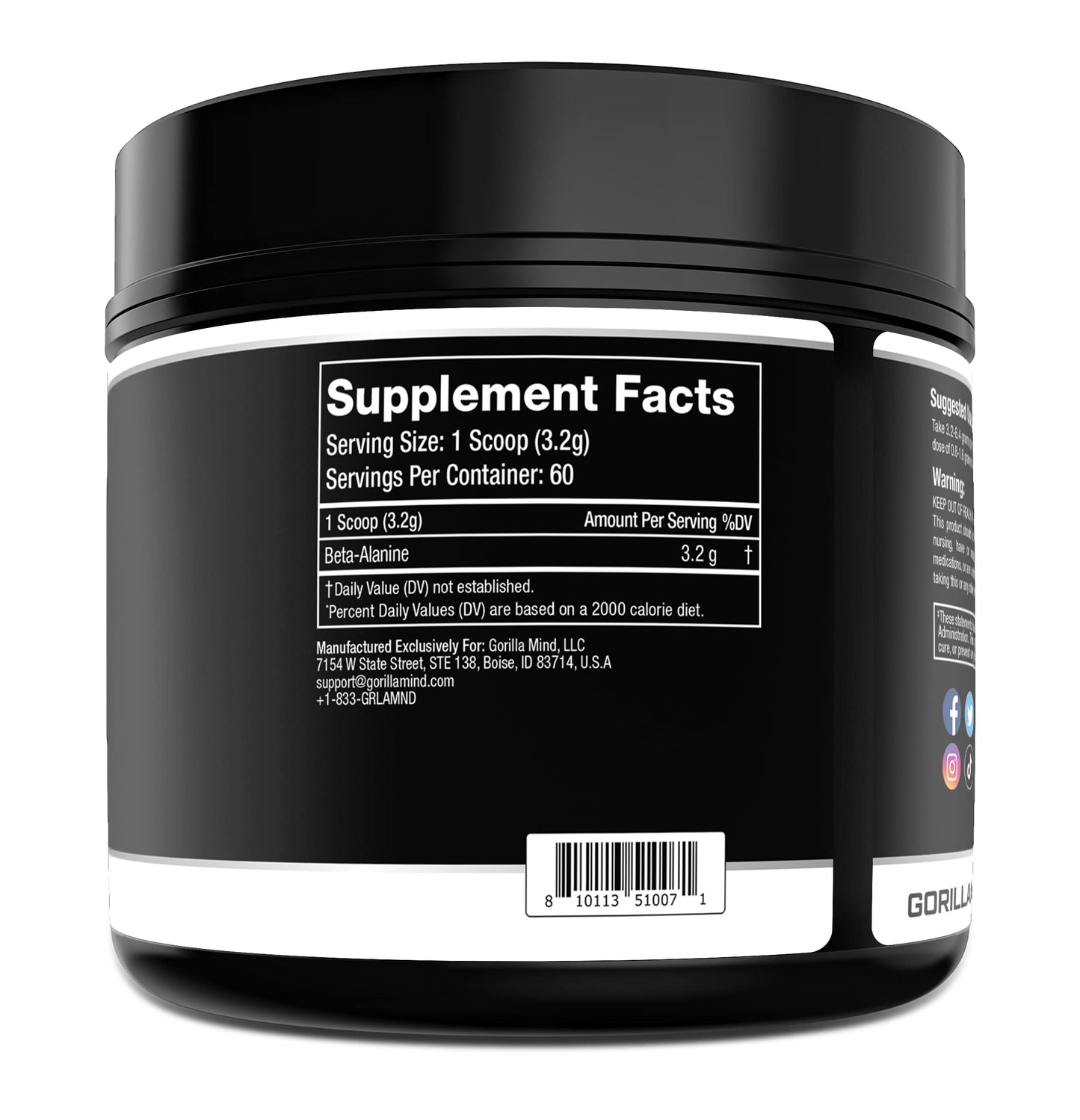 Gorilla Mind Beta-Alanine Carnosine Precursor,Enhanced Muscular Endurance, 3.2 Grams per Servings