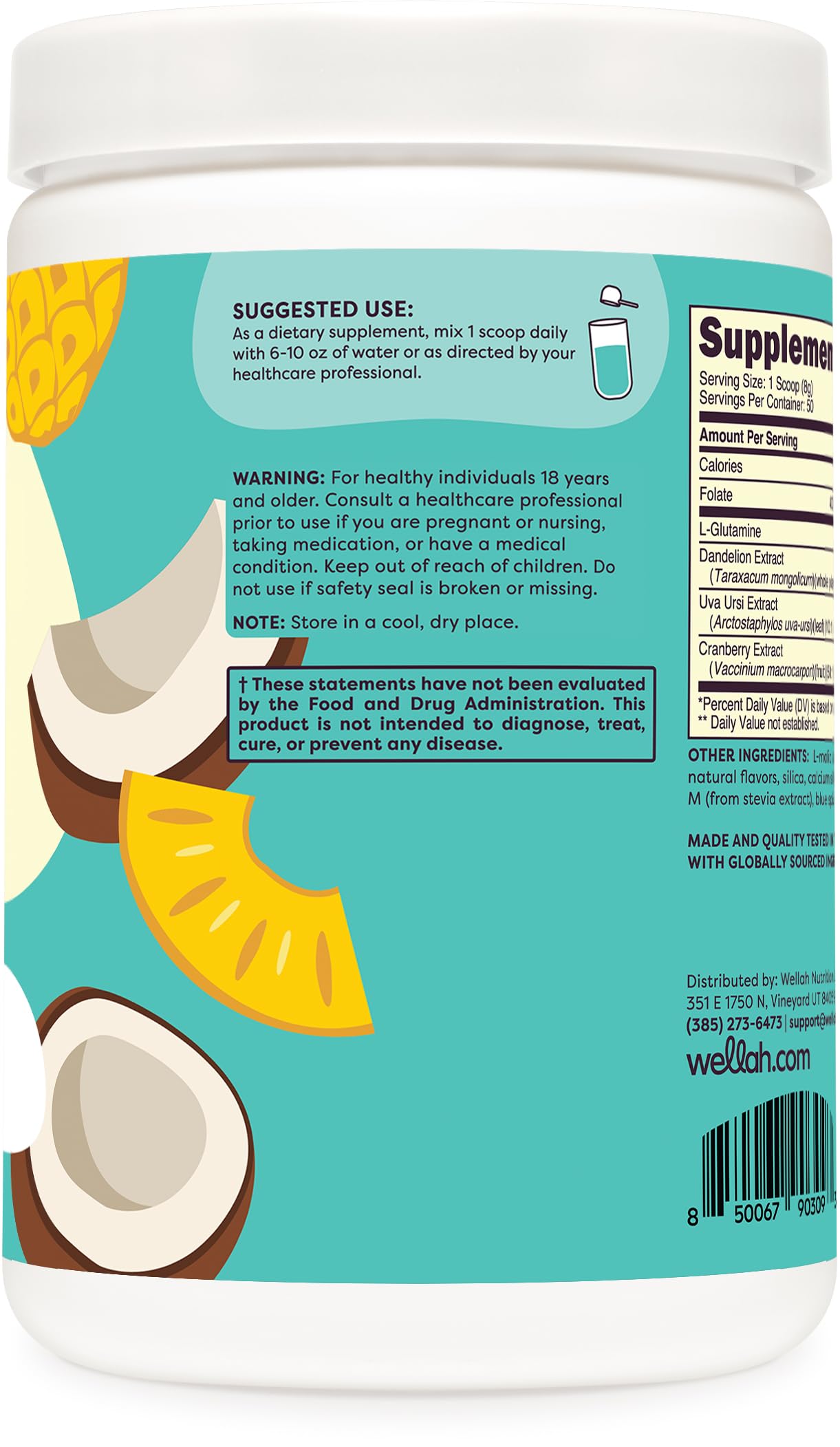 Wellah L-Glutamine Powder Blue Hawaii (50 Servings) - 5g L-Glutamine Per Serving, Sweetened with Stevia