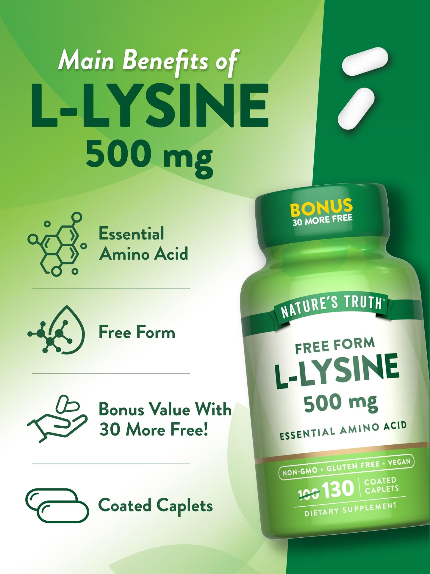 Nature's Truth L-Lysine 500mg | 130 Coated Caplets | Free Form | Essential Amino Acid | Vegan, Non-GMO, & Gluten Free Supplement