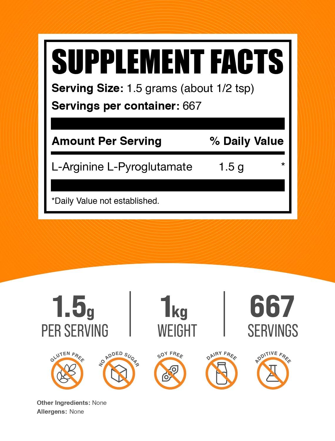 BulkSupplements.com L-Arginine L-Pyroglutamate Powder - Arginine Supplement, Nitric Oxide Supplement - Gluten Free, 1.5g per Serving, 1kg (2.2 lbs) (Pack of 1)
