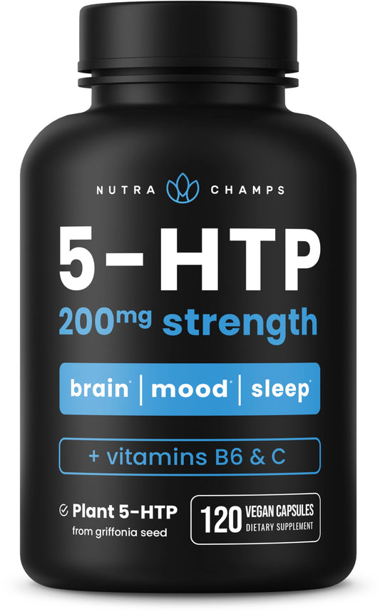 NutraChamps 5-HTP 200mg, 120 Vegan Capsules, Pure 5HTP 100mg Plus Co-Factors Vitamin B6 & Vitamin C