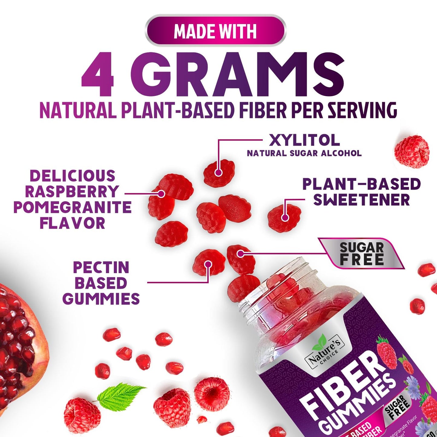 Sugar Free Fiber Gummies for Adults, 4G Daily Prebiotic Natural Soluble Fiber Supplement & Digestive Health Support - Regularity & Digestion Health Support, Plant Based Berry Flavor - 60 Gummies