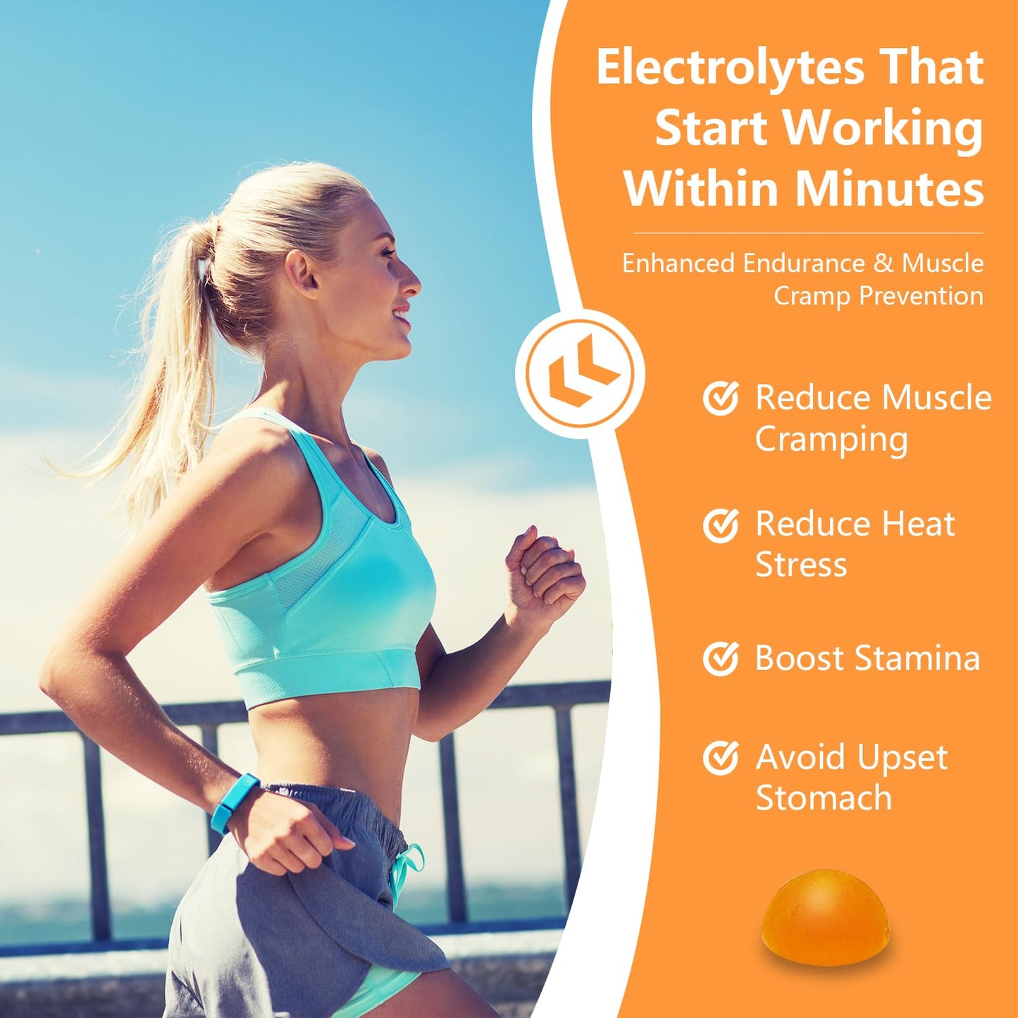 Electrolyte Gummies for Athletes - Orange Flavor, 60 Gummies for Electrolyte Replenishment, Enhanced Endurance & Musce Cramp Prevention, 2 Gummies per Serving