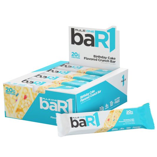 Rule 1 baR1 Crunch Bar - On-The-Go Convenient Protein Snack Bars with 20g Premium Protein, Naturally-Packed with EAAs/BCAAs, Hunger-Filling Fiber (12 Count Box, Birthday Cake)