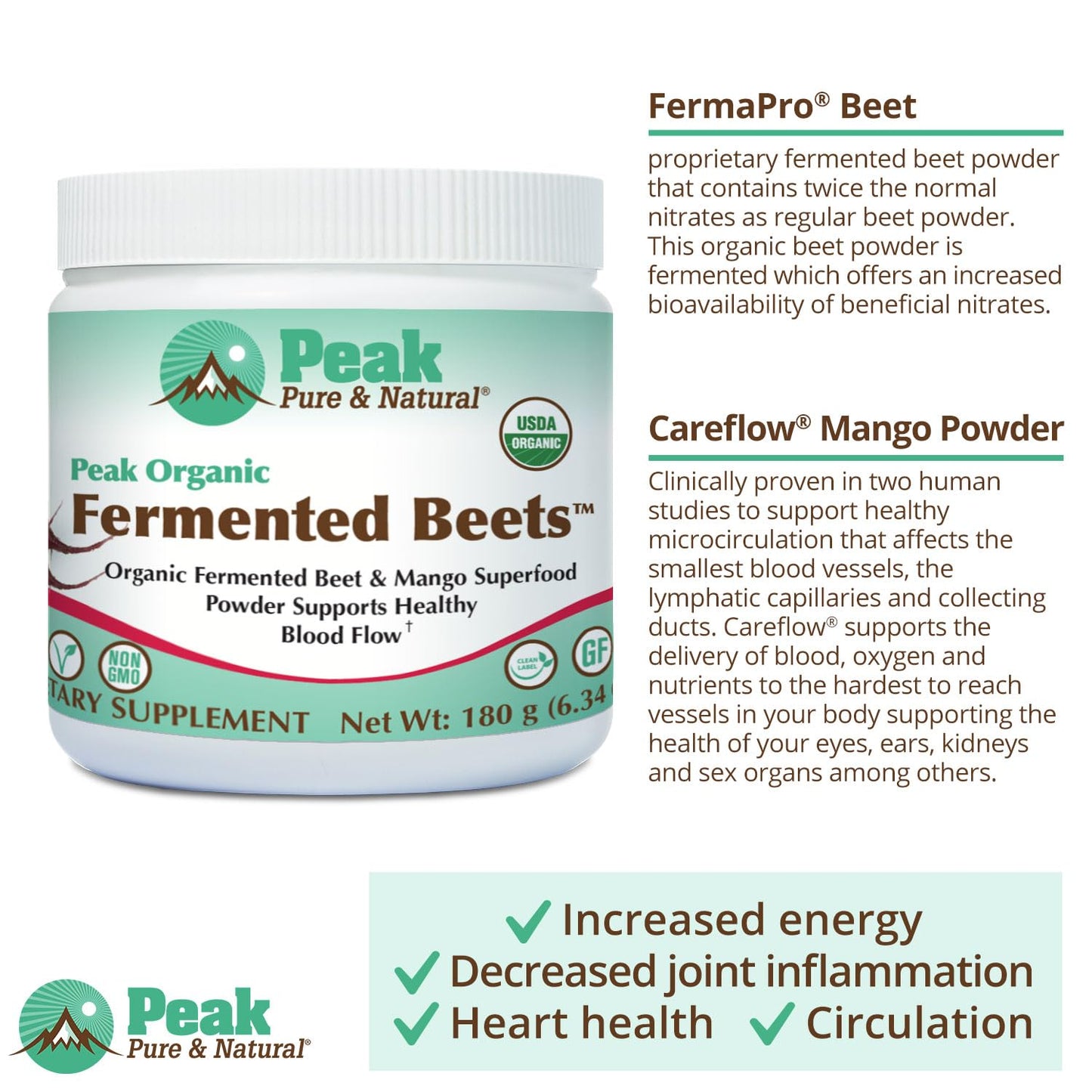 Peak Pure & Natural Peak Organic Fermented Beets - Organic Fermented Beet Powder Superfood Drink Powder - Nitric Oxide Supplement Support for Normal Blood Pressure