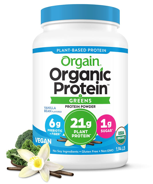 Orgain Organic Vegan Protein Powder + Greens, Vanilla Bean - 21g Plant Based Protein, 6g Prebiotic Fiber for Gut Health, Gluten Free, No Lactose Ingredients, No Sugar Added, Non-GMO - 1.94lb