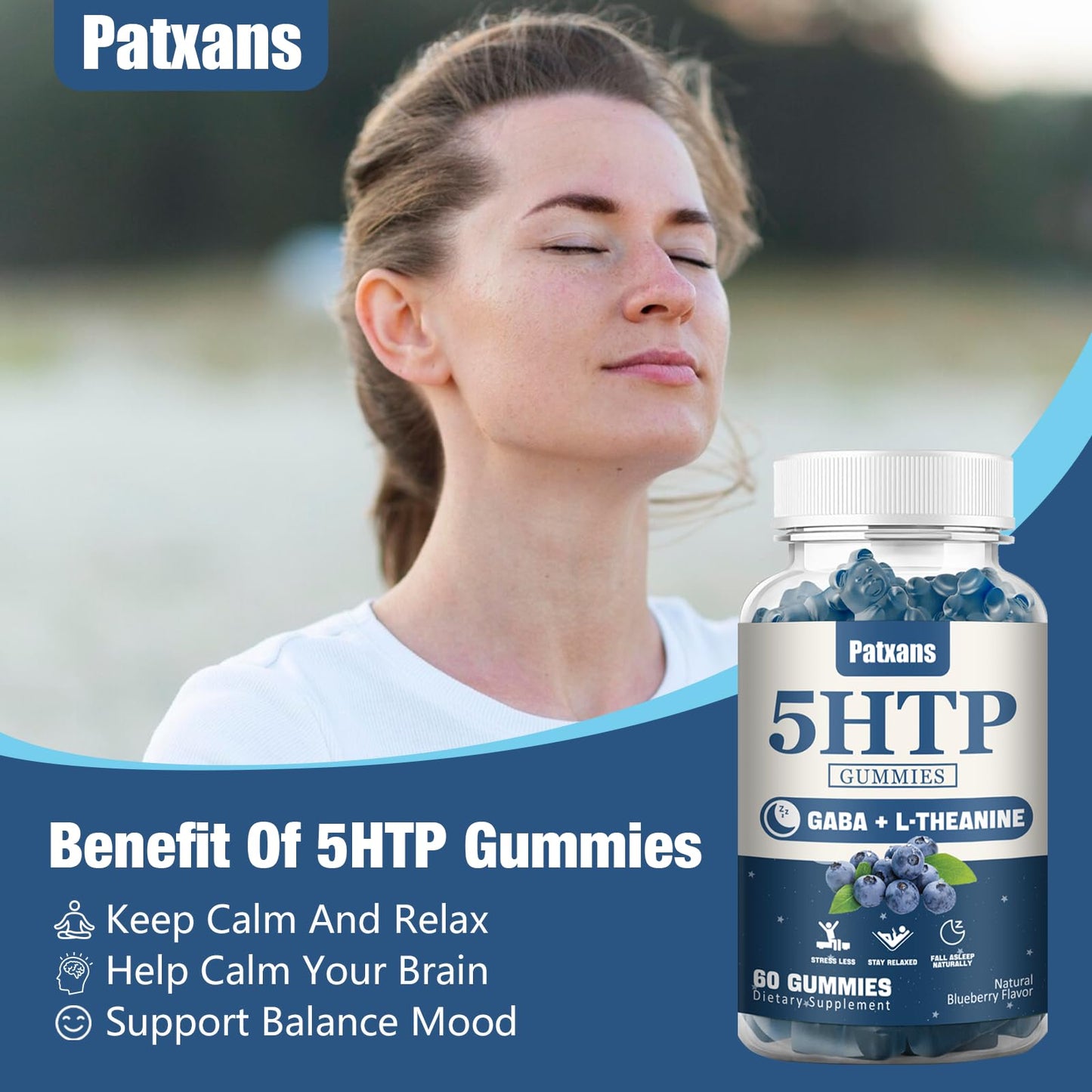 Patxans 1Pack 300MG 5HTP GABA Sleep Supplement Gummies, Melatonin-Free, Contains 200 MG L-Theanine, Sleep Supplement, Omega 3-6-9 for Natural Zzzs, 60 Counts, Blueberry Flavor