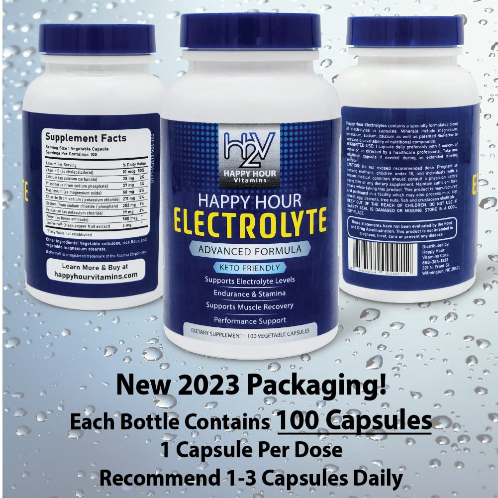 Happy Hour Vitamins Electrolyte Pill- 100 Pills- Dehydration, Muscle cramping, Performance, Keto & Rapid Recovery. Vegetarian Capsules w/Magnesium, Potassium, Sodium & Calcium Hydration Supplement
