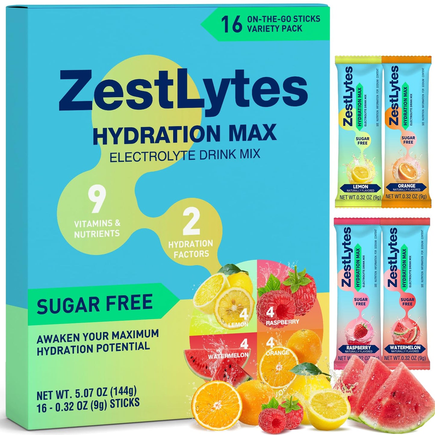 Salty Fruit Flavor Hydration Powder Packets, Electrolyte Powder Drink Mix, Liquid Everyday IV Drink Mix for Rehydration Max | Sugar Free | 9 Vitamins & Nutrients | 2 Hydration Factors | 16 Sticks