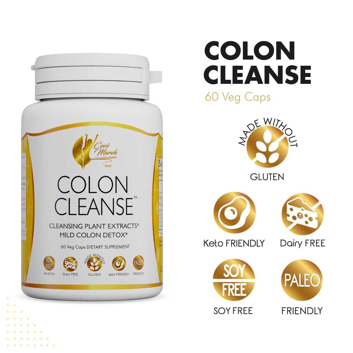 Coco March Colon Cleanse - Dietary Supplement, Cleansing Plant Extracts, Mild Colon Cleanse - Gluten Free, Dairy Free, Soy Free, Keto Friendly, Paleo Friendly, 60 Veg Caps - 15 Servings