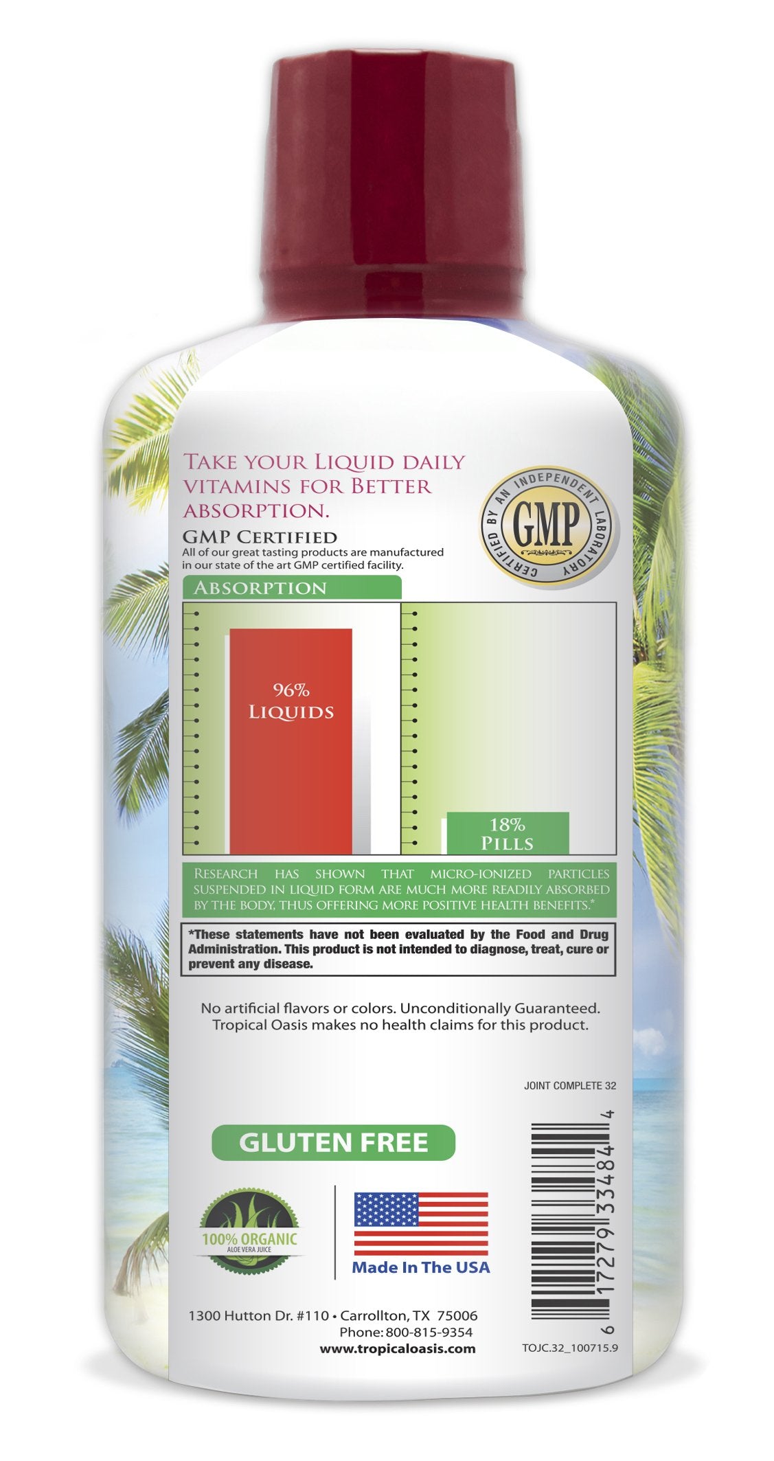 Tropical Oasis Joint Complete Premium - Liquid Joint Supplement with Liquid Glucosamine Sulfate, Chondroitin, MSM & Hyaluronic Acid - 96% Max Absorption- 32oz, 32 serv, 33484