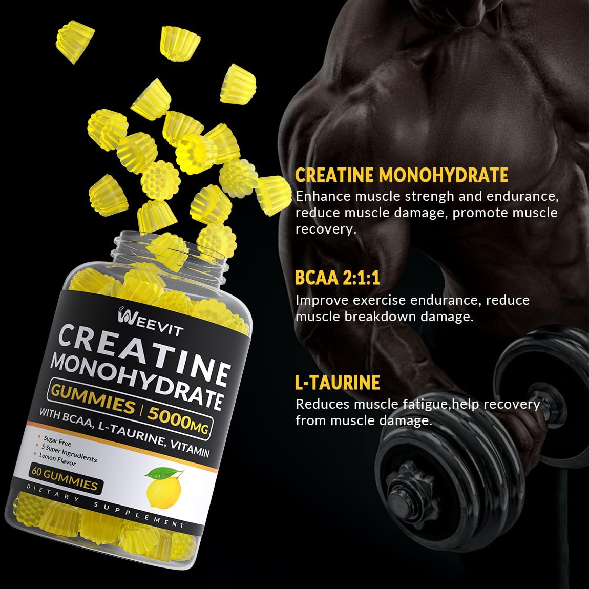 WEEVIT Creatine Monohydrate Gummies for Men, Chewables Creatine Monohydrate for Muscle Strength Energy Boost, Pre-Workout Supplement with BCAA, L-Taurine, B12