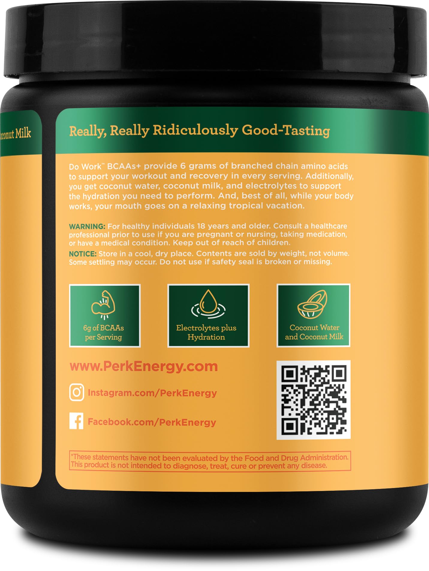 Perk Do Work BCAAs (Tropical Vanilla Créme Flavored, 20 Servings) - BCAA & Hydration Electrolytes Powder with Coconut Water & Coconut Milk