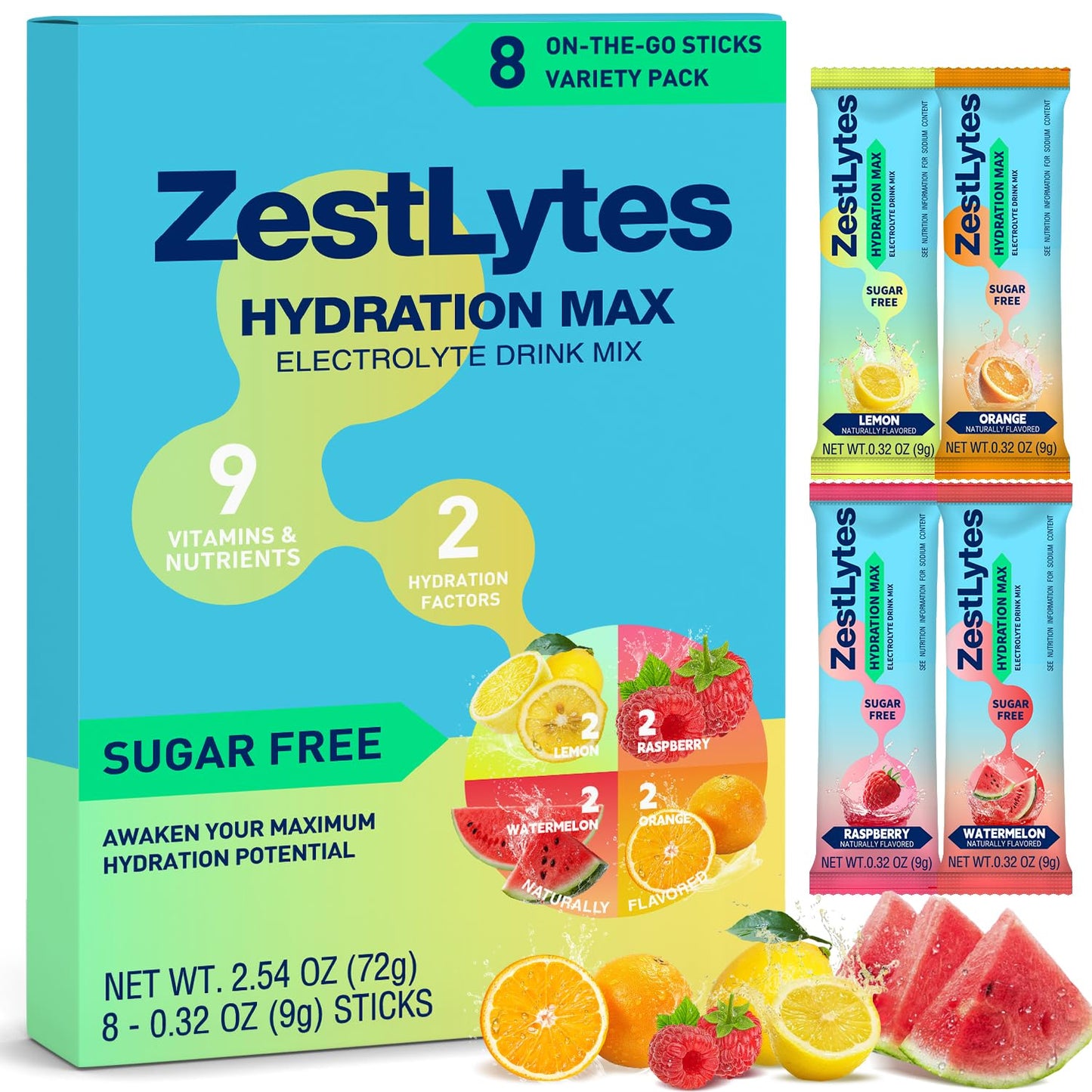 Salty Fruit Flavor Hydration Powder Packets, Electrolyte Powder Drink Mix, Liquid Everyday IV Drink Mix for Rehydration Max | Sugar Free | 9 Vitamins & Nutrients | 2 Hydration Factors | 8 Sticks