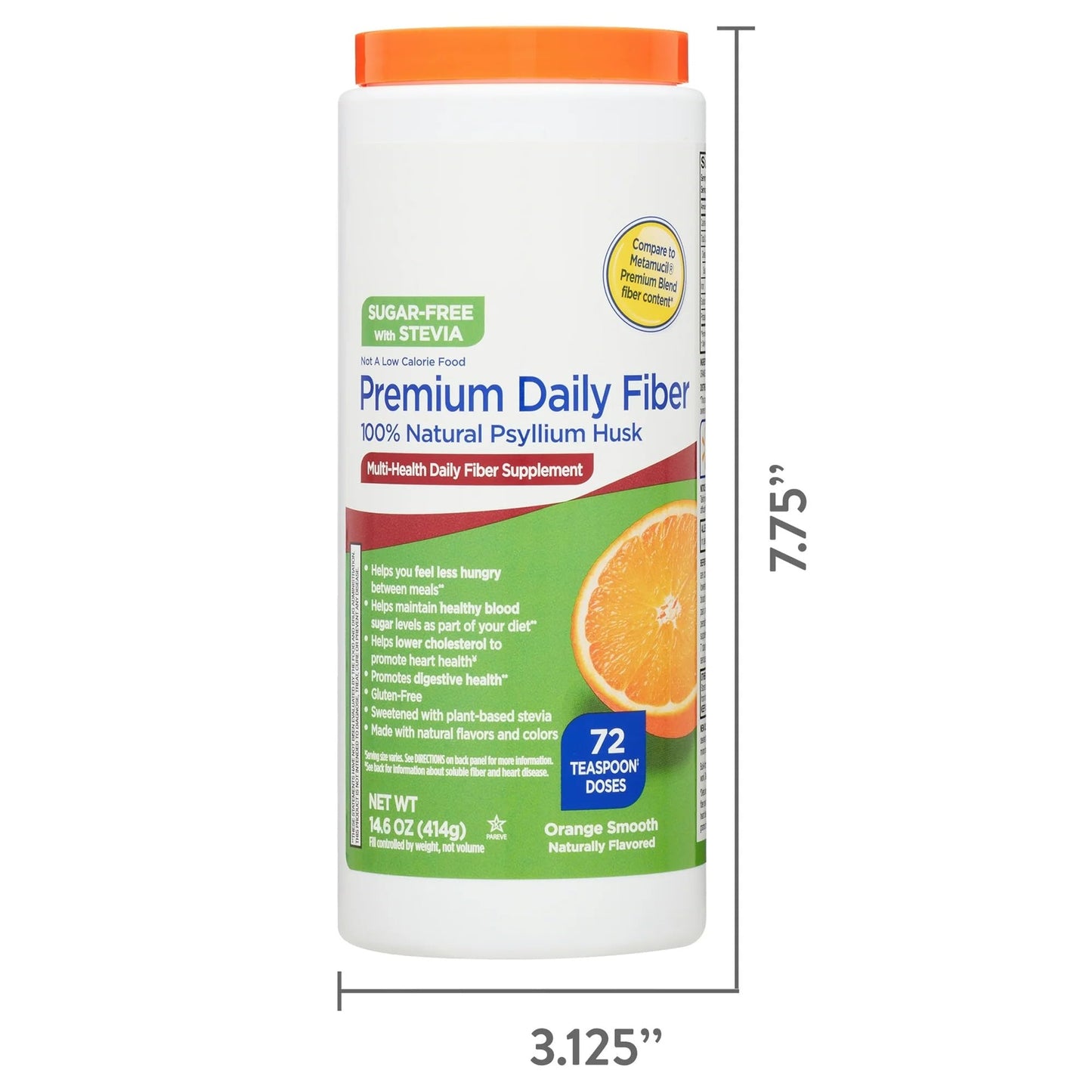 Daily Fiber Supplement Sugar Free, Orange Flavor 14.6 oz - 72 Teaspoon Doses, Psyllium Husk Powder, Plant-Based Fiber, Psyllium Fiber Supplement, Gluten-Free Fiber Powder. (Pack of 2)