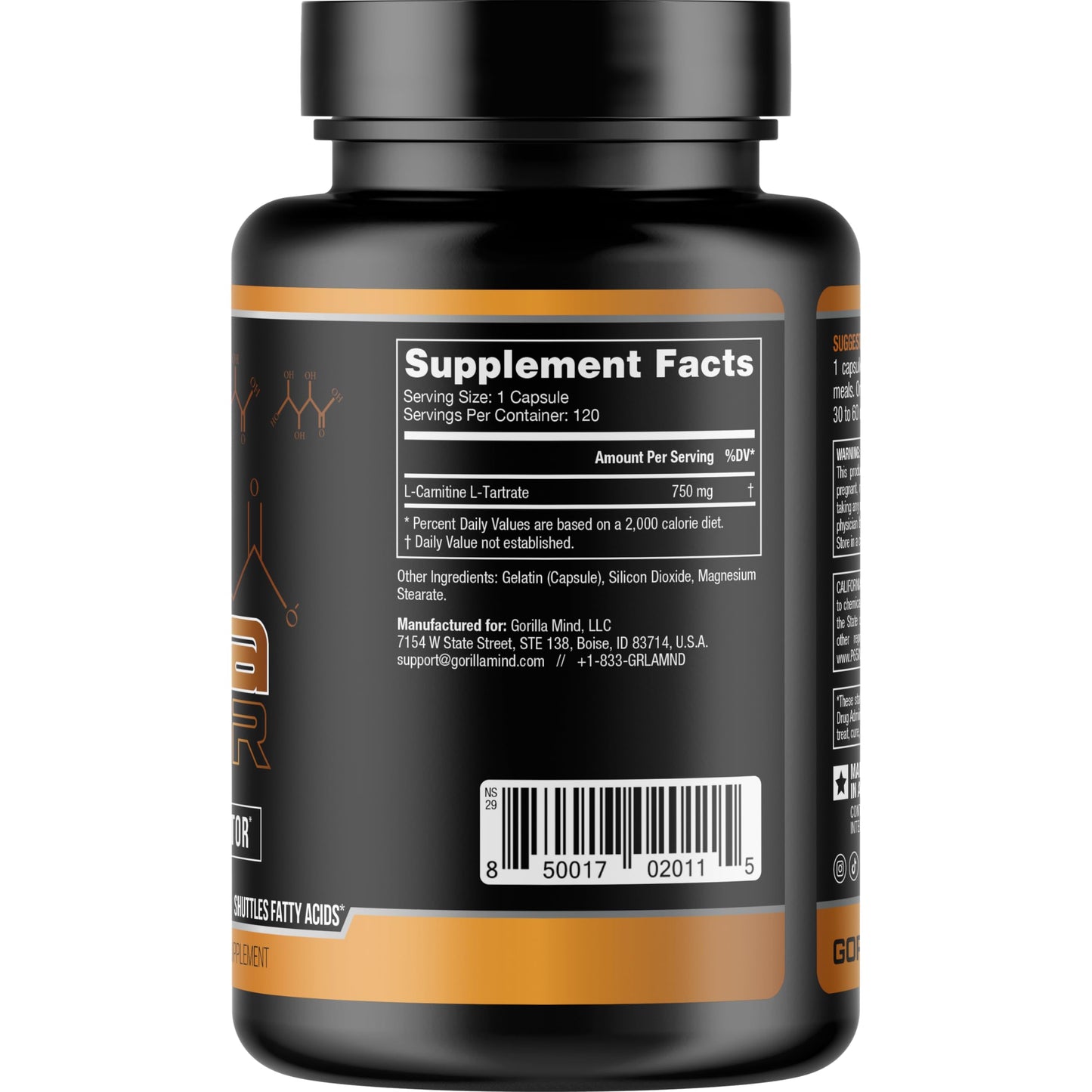 Gorilla Mind AR Carnitine 750mg Capsules Androgen Receptor Upregulator,Boosts Cellular Energy, Upregulates Androgen Receptor Density,Shuttles Fatty Acids (120 Capsules)