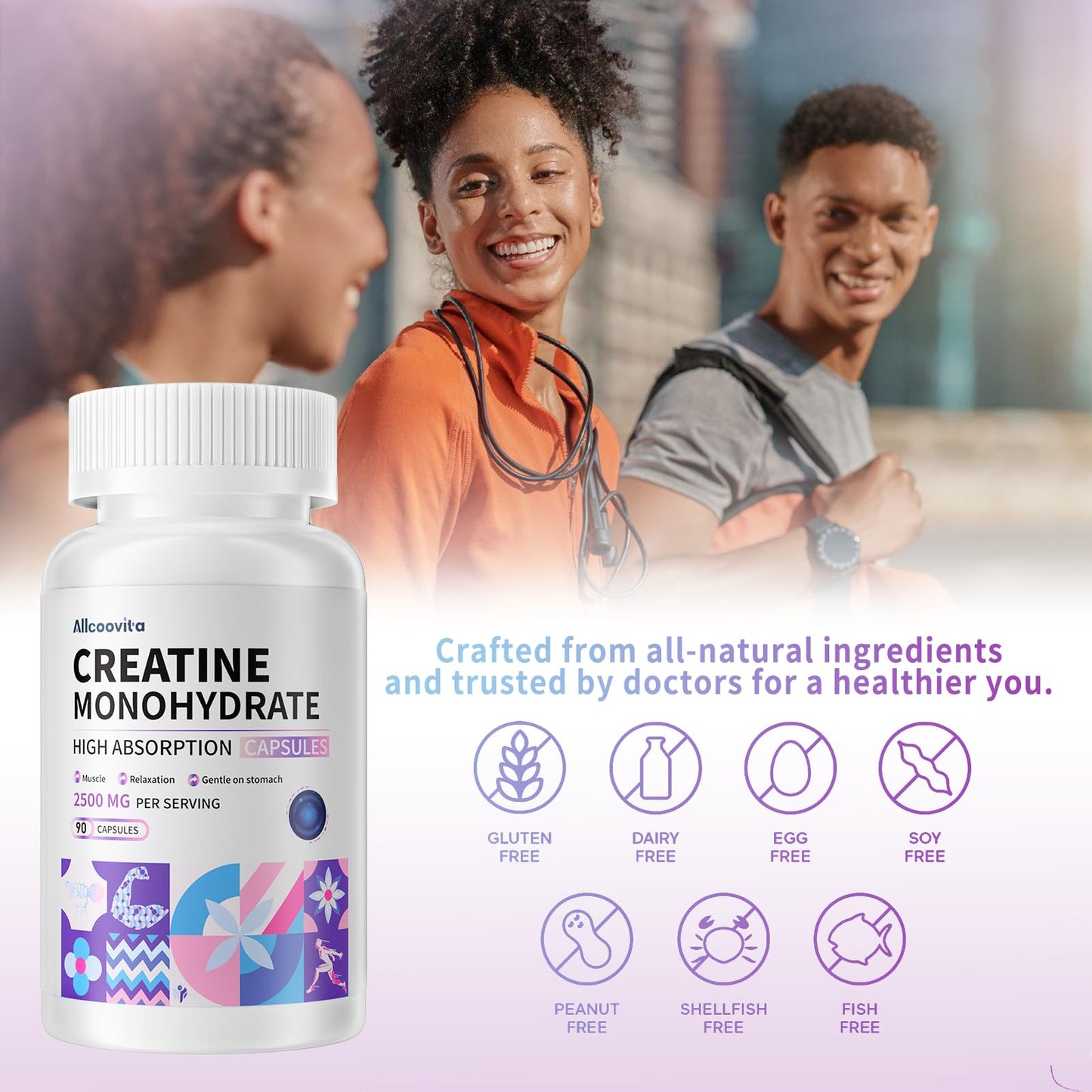 Allcoovita Creatine Monohydrate Capsules -3 Creatine Capsules per Serving, 2500mg, Gluten Free, 90 Capsules