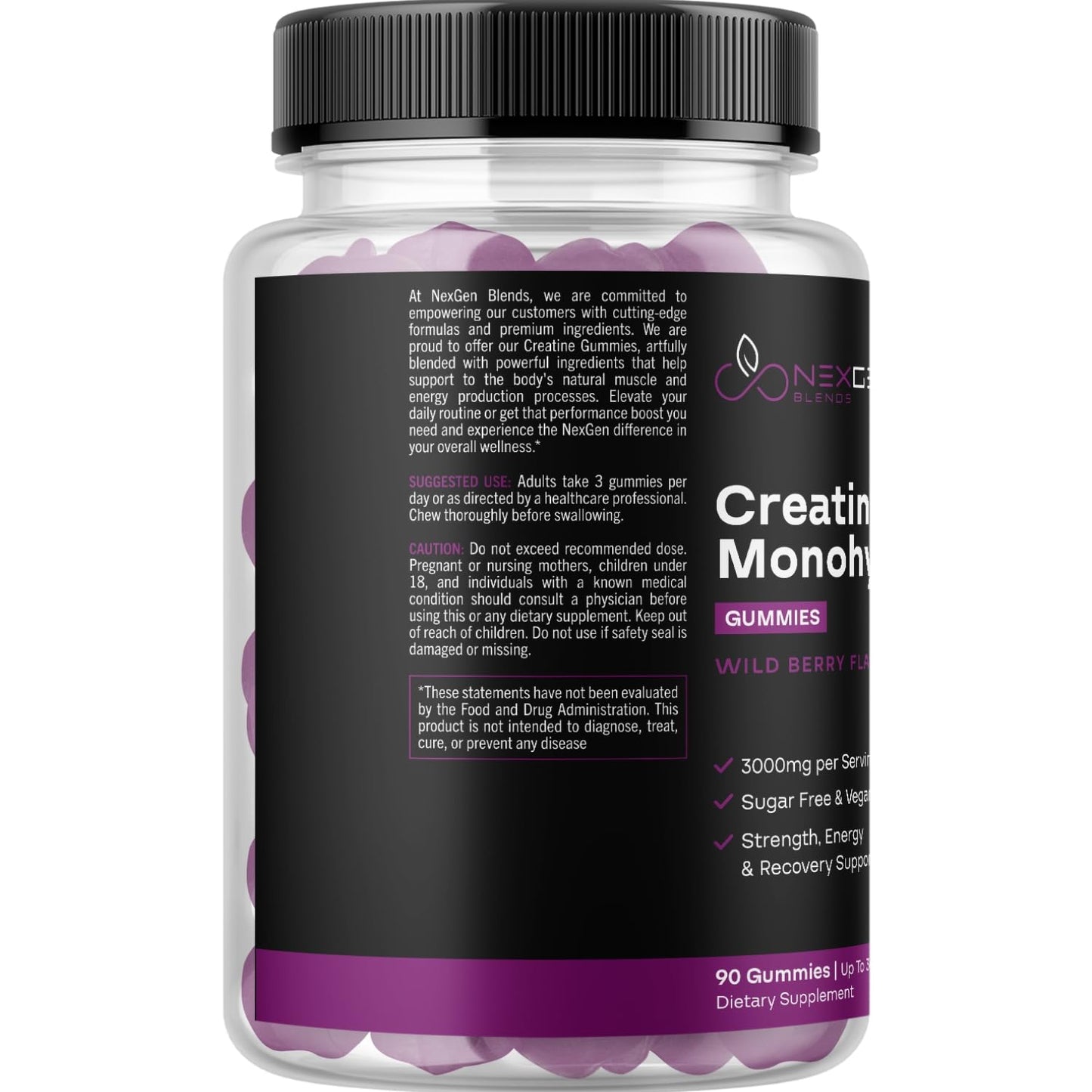 Sugar Free Creatine Monohydrate Gummies - Vegan Creatine Gummies for Women & Men with 3000mg per 3 Creatine Chews Supports Energy & Recovery - Gluten Free & Non-GMO - Wild Berry Flavor (30 Servings)