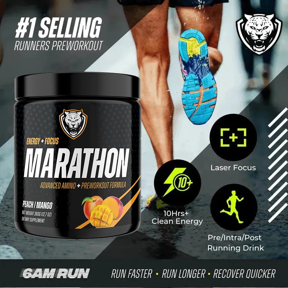 6AM Run Marathon, Pre Workout Powder for Distance Running, High Energy Amino Formula, for Cardio and Stamina, No Jitters, All Natural, Keto, Vegan, Peach Mango Flavor, 40 Servings