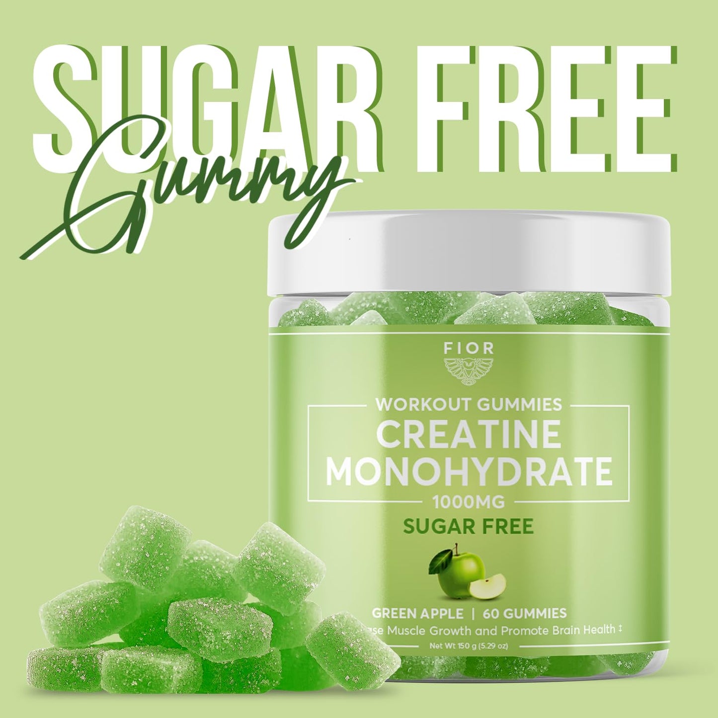 FIOR Sugar-Free Creatine Gummy - Best Creatine Monohydrate Chewable, 60 Count, Workout & Protein Supplement, Cognitive Enhancement, Green Apple Flavor, 30 Servings
