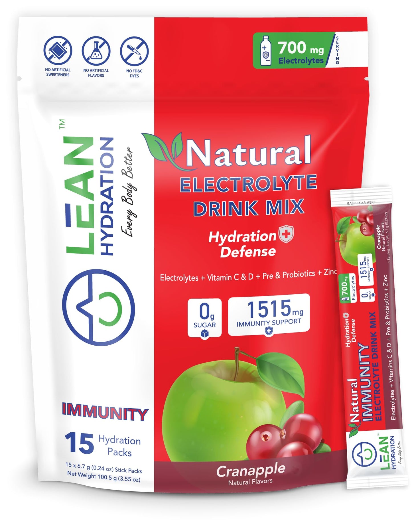 LEAN Hydration Natural Electrolyte Immune Formula - Boost Immunity and Stay Hydrated with Zero Sugar and No Artificial Flavors or Sweeteners 15 ct Packets (Cranapple)