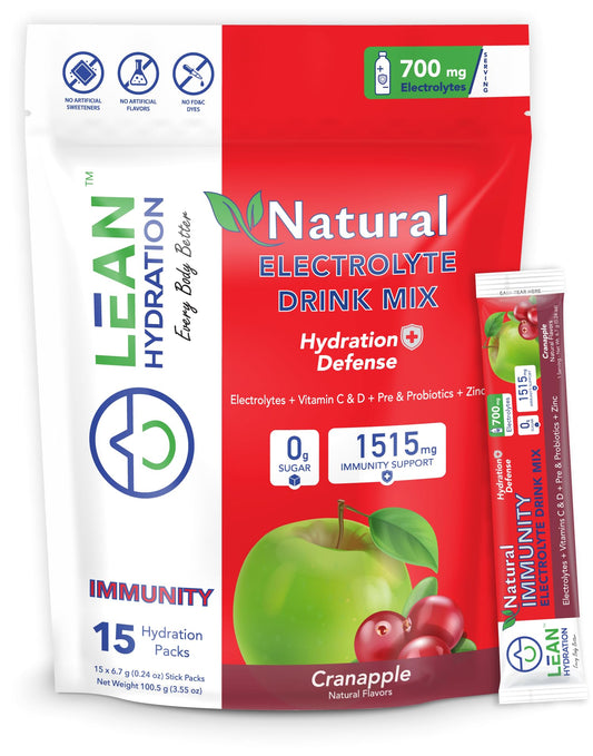 LEAN Hydration Natural Electrolyte Immune Formula - Boost Immunity and Stay Hydrated with Zero Sugar and No Artificial Flavors or Sweeteners 15 ct Packets (Cranapple)