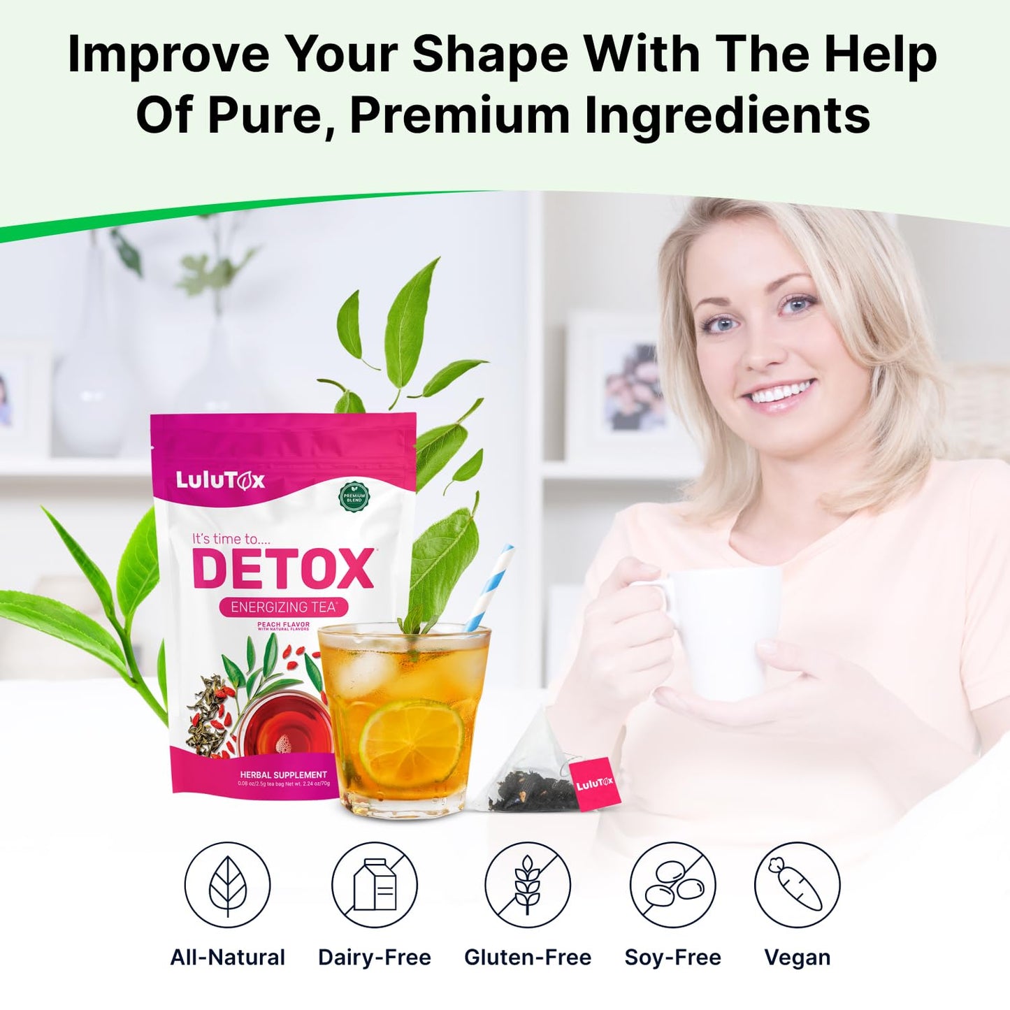 LULUTOX Detox Tea - Slimming Tea with Dandelion and Ginseng to Support Goals for Detox Cleanse, Flat Belly, Bloating, Healthy Weight and Digestive Health - Women & Men - Peach Flavor (28 Servings)