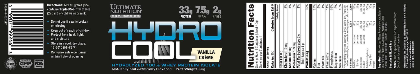 Ultimate Nutrition HydroCool 100% Whey Protein Isolate Powder - 33g Protein, 7.5g BCAAs, No Fat or Gluten (Vanilla, 40g Sample Size)