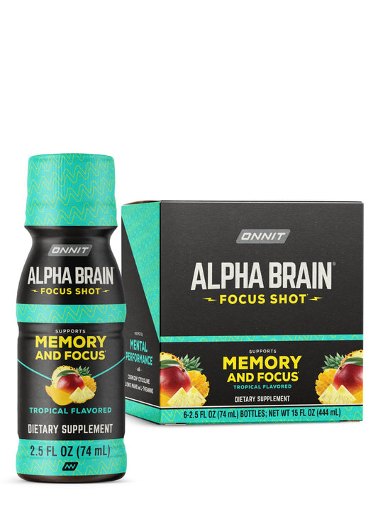 ONNIT Alpha Brain Focus Shot, Tropical Flavor, Nootropic Dietary Supplement Drink That Supports Energy, Focus, and Mood, 2.5 fl oz, 6 Count