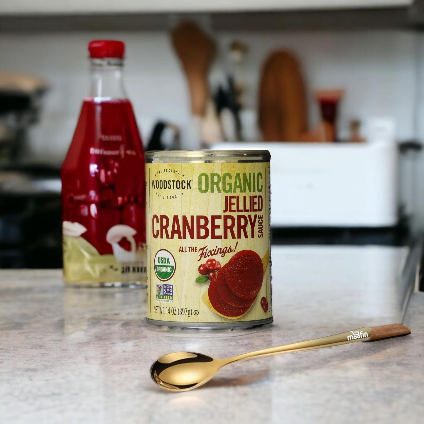 Woodstock Organic Jellied Cranberry Sauce 14 Oz Rich  Smooth Cranberry Jellied Sauce with Moofin Golden SS Spoon  Perfect for Festive Dinners Vibrant  Natural Flavor NonGMO Versatile Cranberr