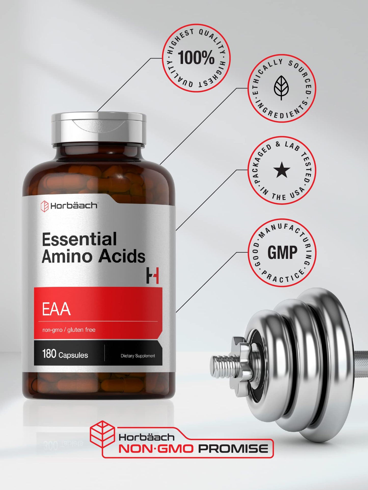 Horbäach Essential Amino Acids Supplement | 180 Capsules | Optimum Ratio with BCAAs | Non-GMO & Gluten Free EAA