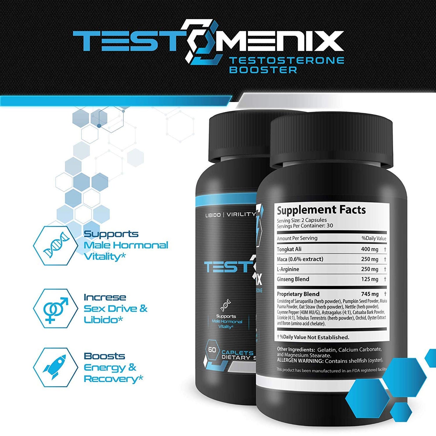 TestoMenix, All Natural Testosterone Booster Increase Energy and Muscle Mass 60 Caplets