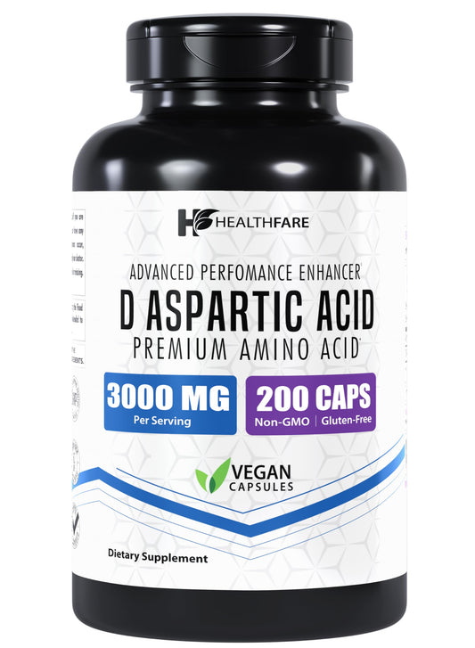 Healthfare D-Aspartic Acid 3000mg | 200 Veg Capsules | Premium Amino Acid Supplement | Non-GMO | Gluten-Free