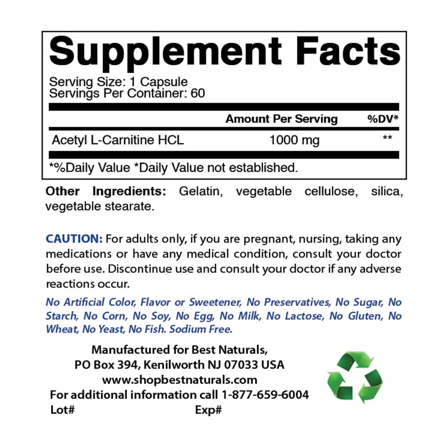 Best Naturals Acetyl L-Carnitine 1000 mg 60 Capsules (60 Count (Pack of 3))