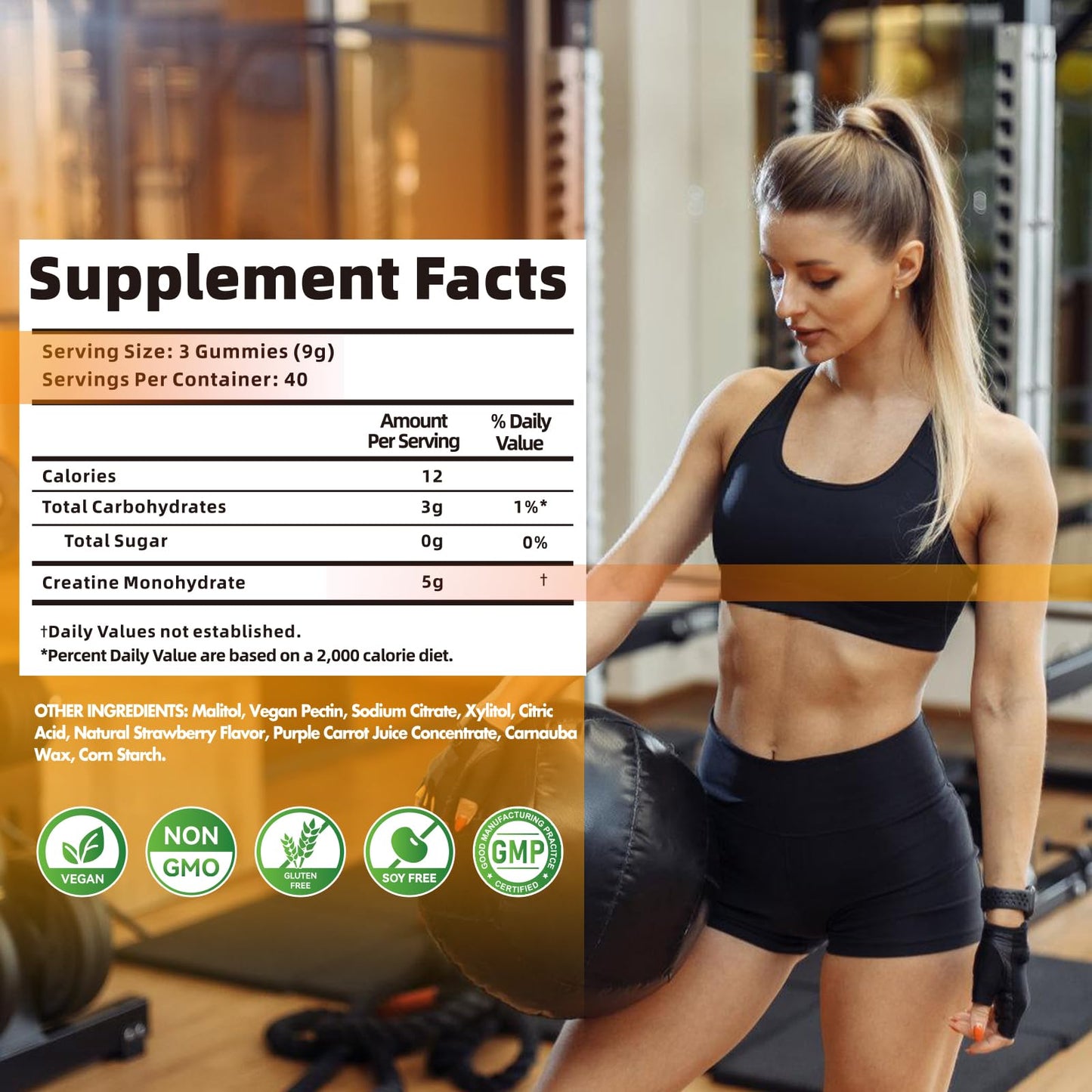 Nutravita Creatine Monohydrate Gummies for Men & Women-5g of Creatine Monohydrate per Serving - Sugar Free,Vegan,Pineapple Flavor, 120 Count