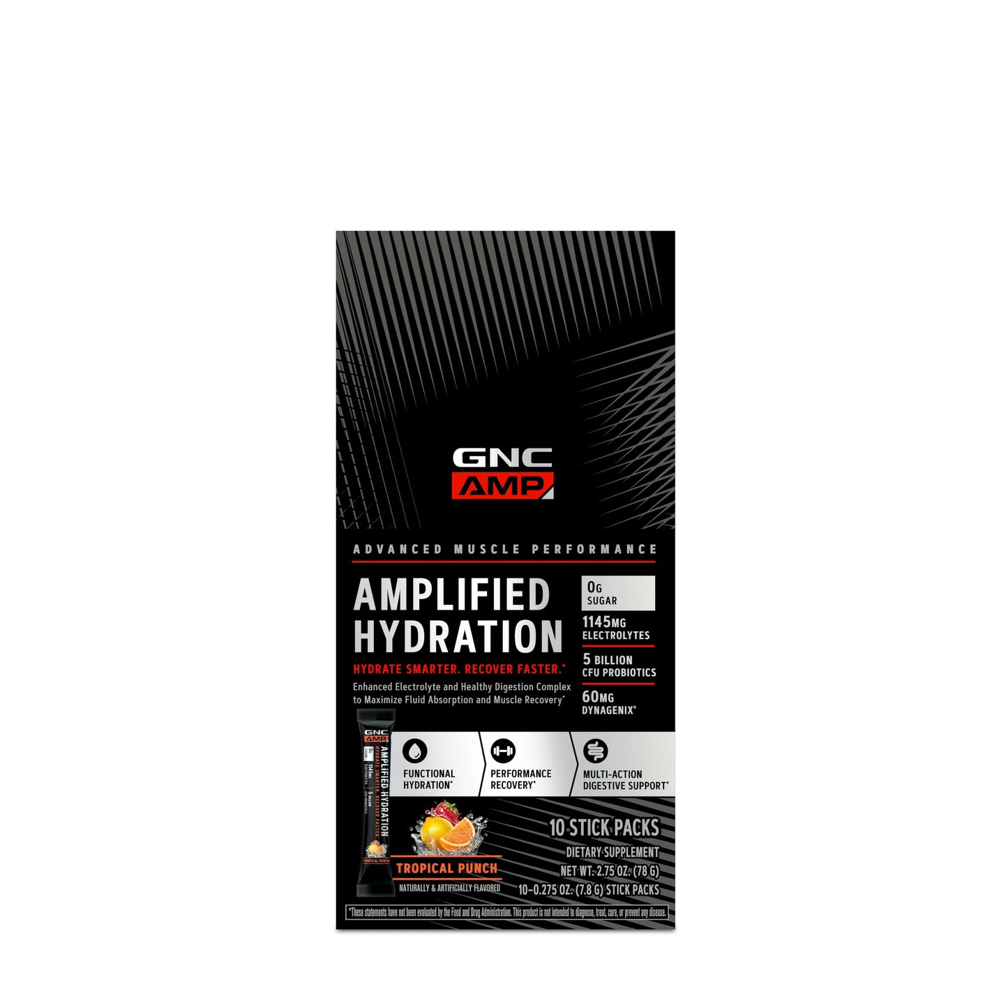 GNC AMP Amplified Hydration Electrolyte Powder Drink Mix | Enhanced Electrolyte & Healthy Digestion Complex | Tropical Punch | 10 Count
