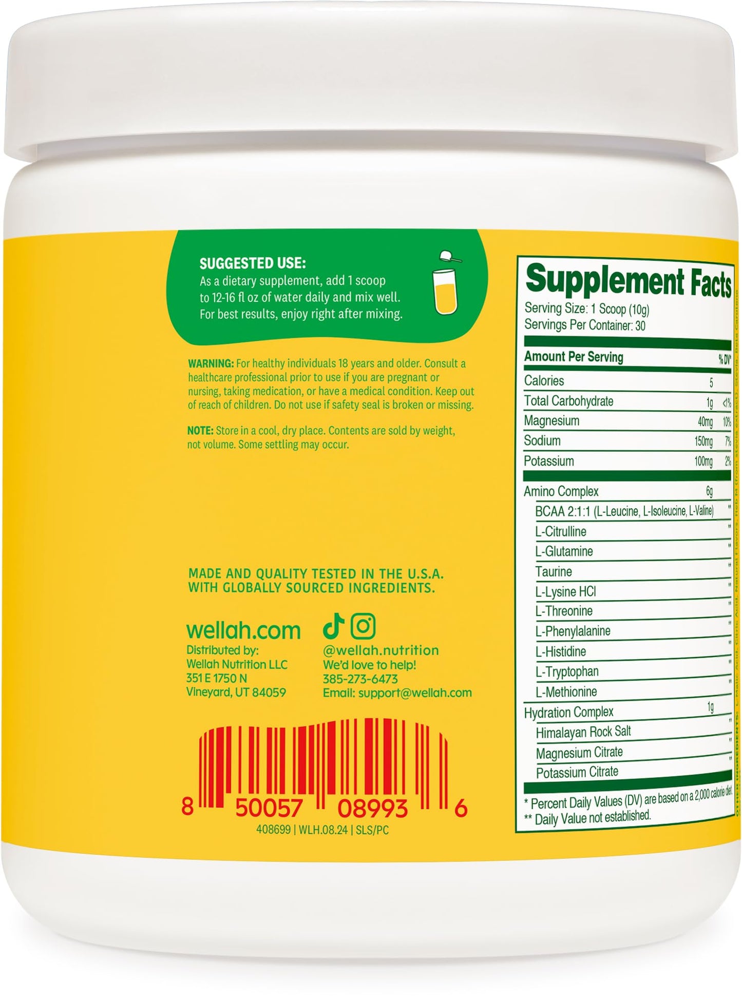 Wellah So Long Soreness BCAA Powder (Pina Colada Flavored) 30 Servings - with Hydration Complex