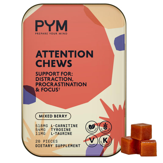 PYM Attention Chews Support for Procrastination, Focus & Productivity, 20 Count | 518mg L-Carnitine, 54mg Tyrosine, 11mg L-Taurine, Caffeine-Free | All-Natural Mood Boost Supplement Made in USA