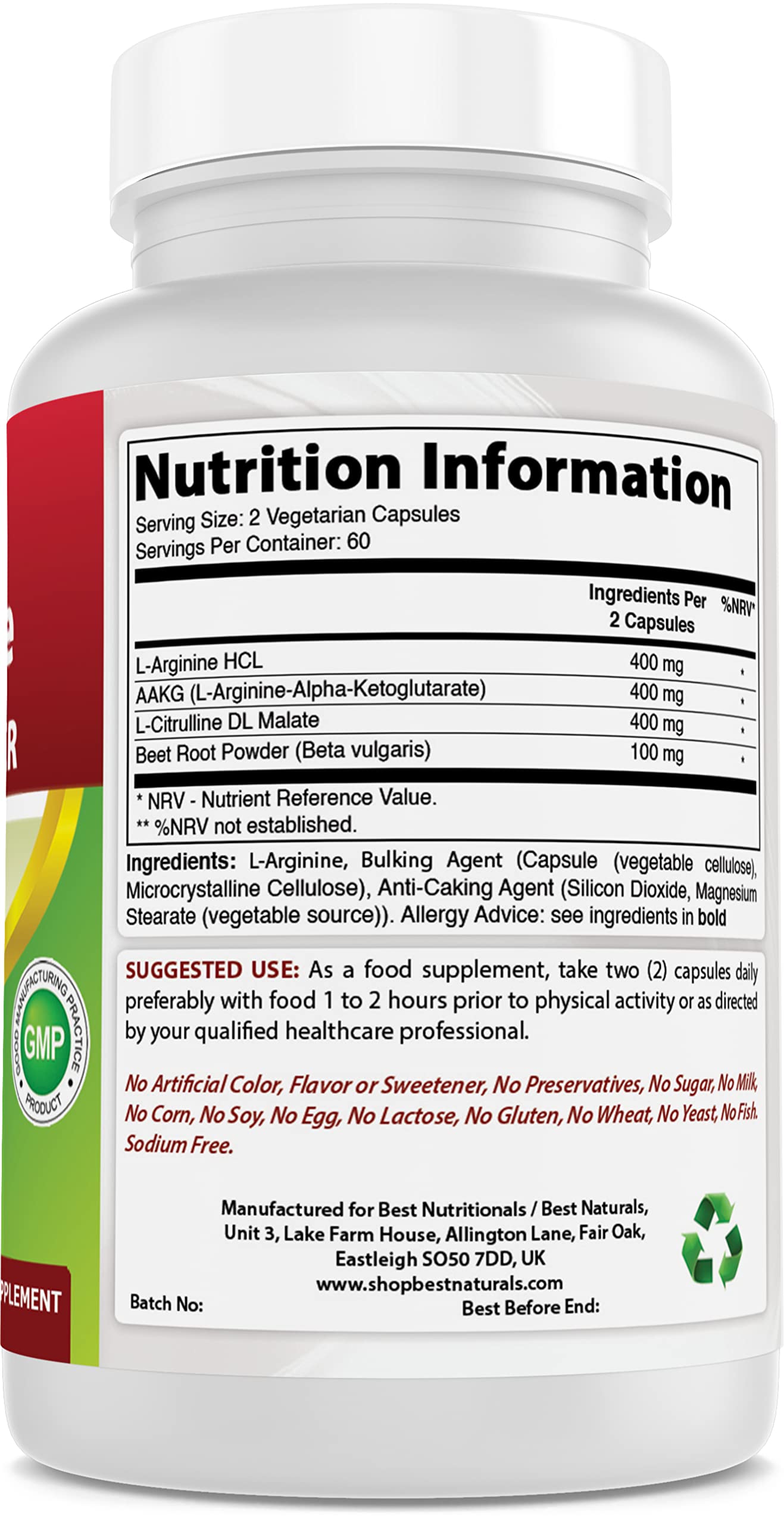 Best Naturals L-Arginine NO Booster Triple Strength 1300 mg Serving 120 Veg Capsules (120 Count (Pack of 3))